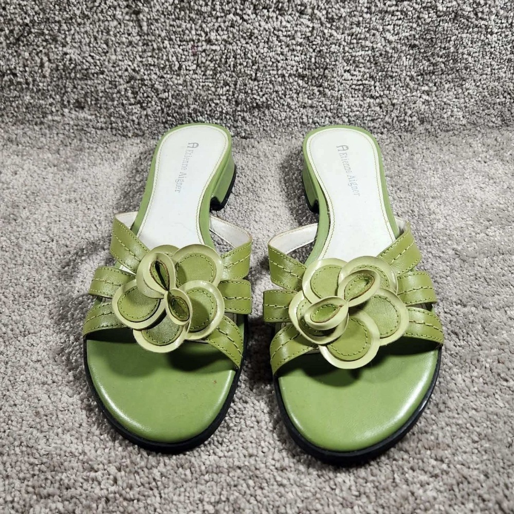 Etienne Aigner Helga Sandals Green Leather Floral Slide Low Block Heel Womens 7 - Picture 8 of 10